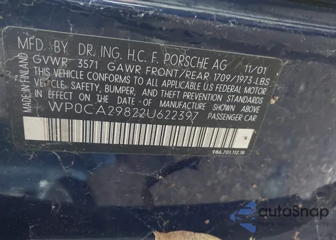 2002 Porsche Boxster from USA, damaged, VIN WP0CA29822U622397